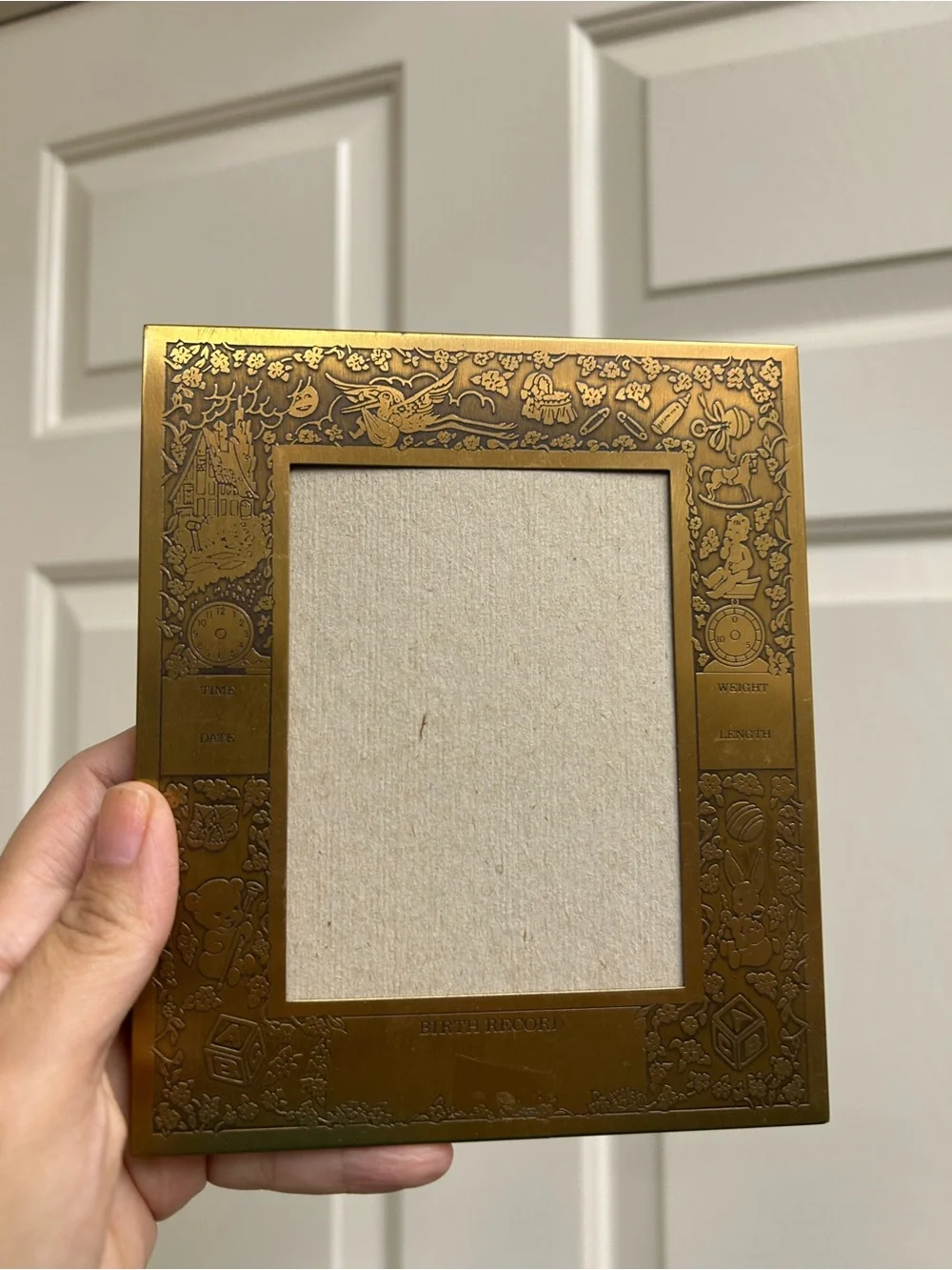vintage brass baby birth record picture frame,
